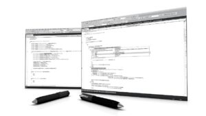 Softwareprototypen auf BIldschirmen mit Stiften davor