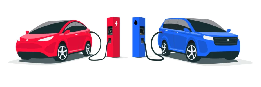 Rotes Elektroauto und blaues Auto mit Verbrennungsmotor